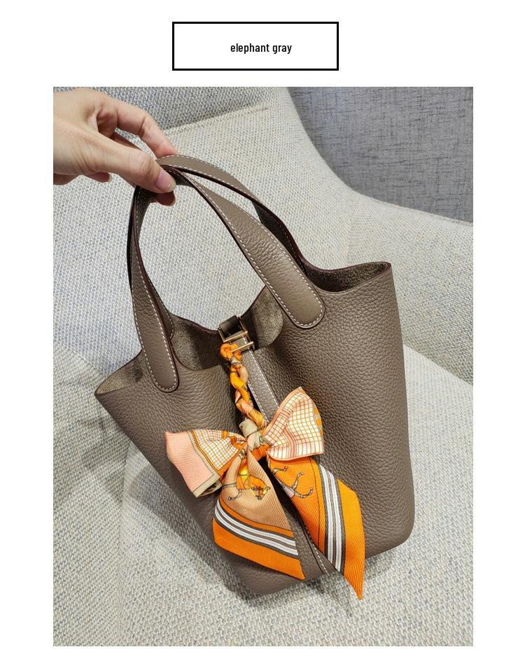 2025 Minimalist Veggie Basket Bag: Lychee Grain Cowhide, Fashionable & Spacious Handbag