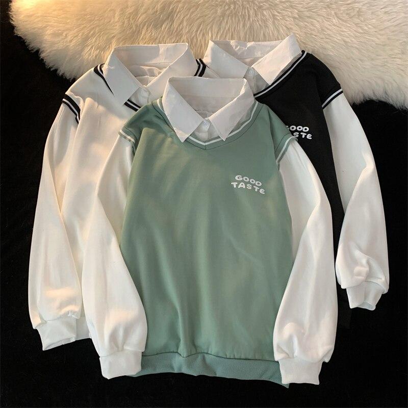 Harajuku лоскутные толстовки с буквенным принтом, женская одежда, осенне-зимняя флисовая толстовка в консервативном стиле, с длинным рукавом, черно-белая, зеленая, негабаритная толстовка