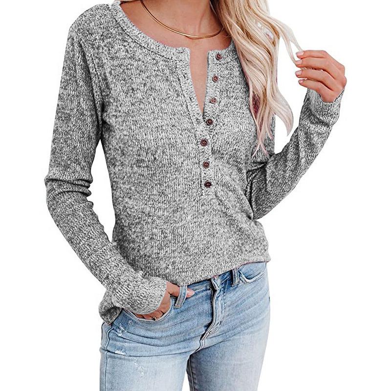 Осенне-зимняя женская повседневная футболка с длинными рукавами на пуговицах на груди