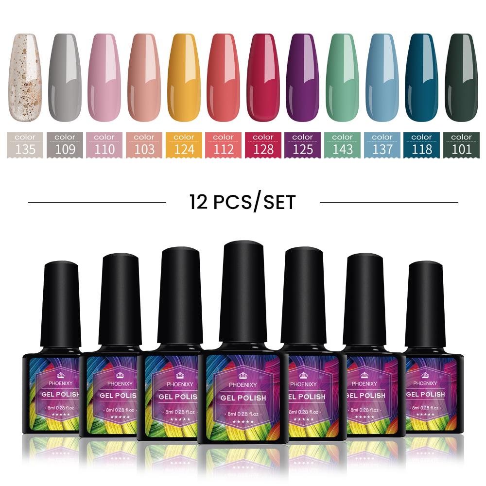 PHOENIXY Набор гель-лаков для ногтей, 12 цветов, набор геля для замачивания с чистым цветом для дизайна ногтей, стартовый набор для начинающих, сделай сам, дома