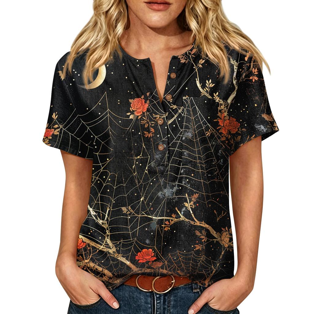 Женская повседневная рубашка-henley с коротким рукавом, смесовая ткань хлопок и лен, нагрудный карман, принт на Хэллоуин, пуговицы у воротника, легкий летний топ