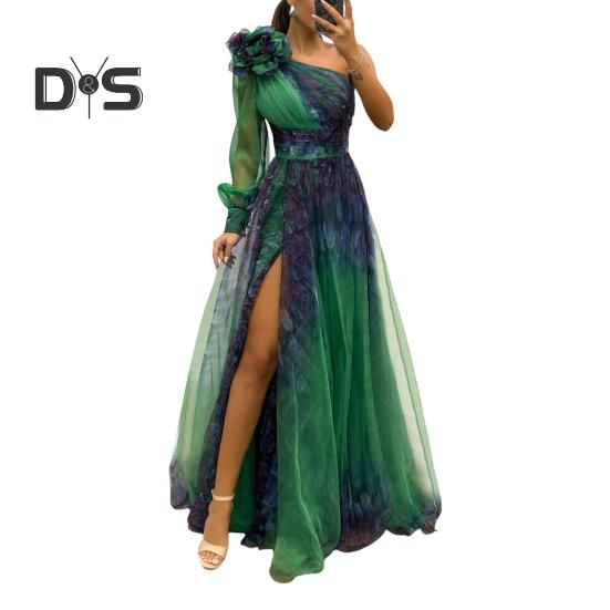 Женское вечернее платье с 3D-цветочным декором на одно плечо, плиссированное, сетчатое, банкетное платье, одно плечо, длинный рукав, тонкая талия, А-силуэт, длина до пола, разрез, подол, шар