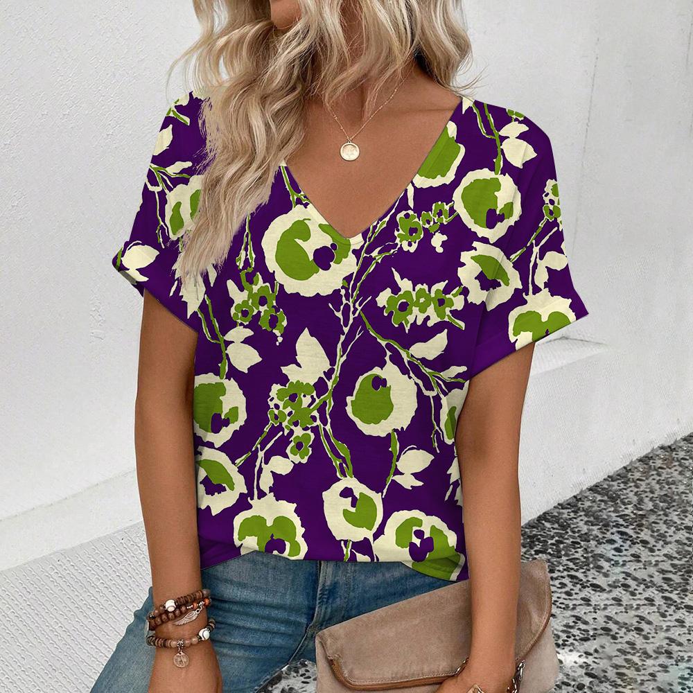 Elegant Women's V-Neck T-Shirt Fashion Floral Pattern Print T-Shirt Popular Women's Short Sleeve T-Shirt Summer Leisure T-Shirt