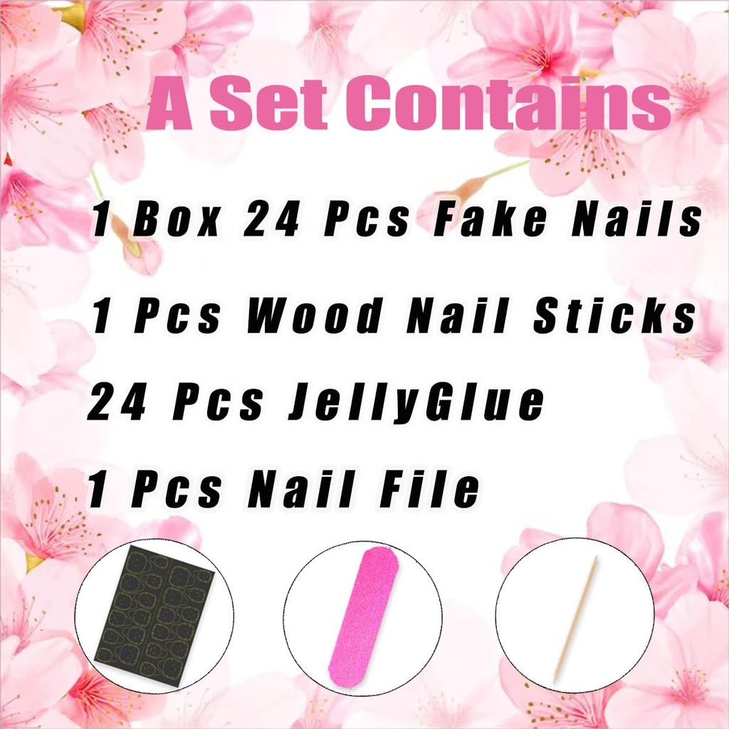 24Pcs Flower Press on Nails Green Fake Nails Medium Almond Shaped Pearl with Gold Beads Design 5D Spring Floral Glue on Nails Artificial White French