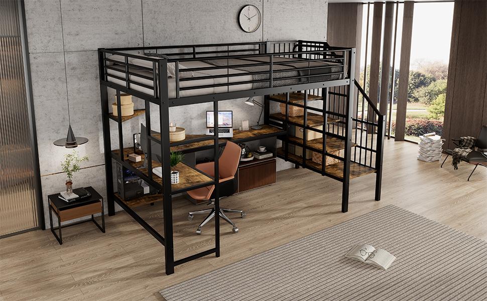 Bed, loft bed, charging port, comfortable and safe corner staircase, desk area with keyboard tray and storage, iron + MDF, black + dark, 120x200cm