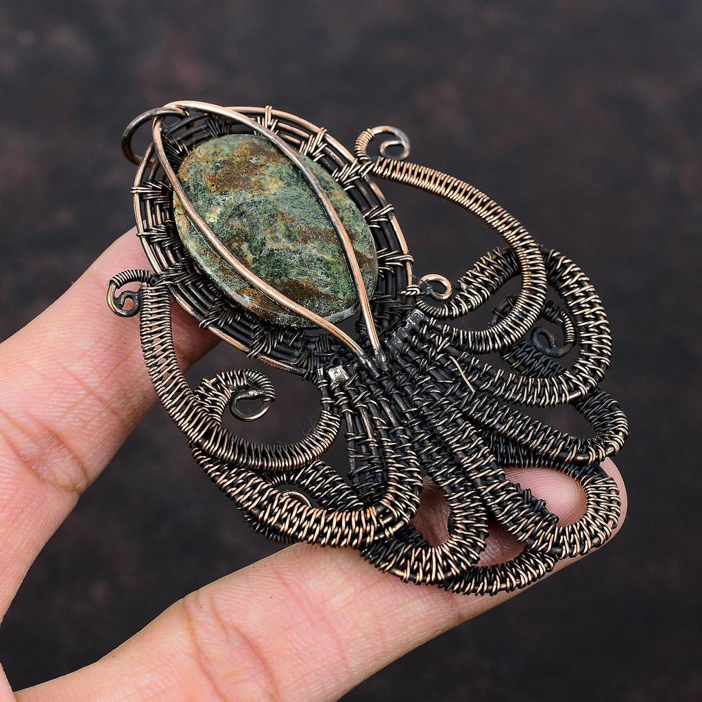 Подвеска со спессартиновым гранатом в известняке, медная проволока, кулон с драгоценным камнем, кулон в виде осьминога, подарок для женщин, медные украшения, кулон ручной работы