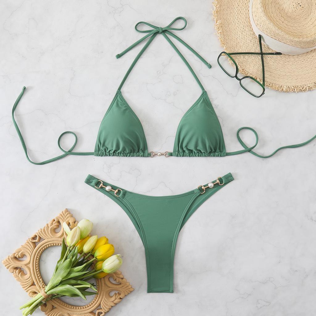 1011 European and American new women's split solid color sexy triangle bag bikini tether leaking back swimsuit women's bikini