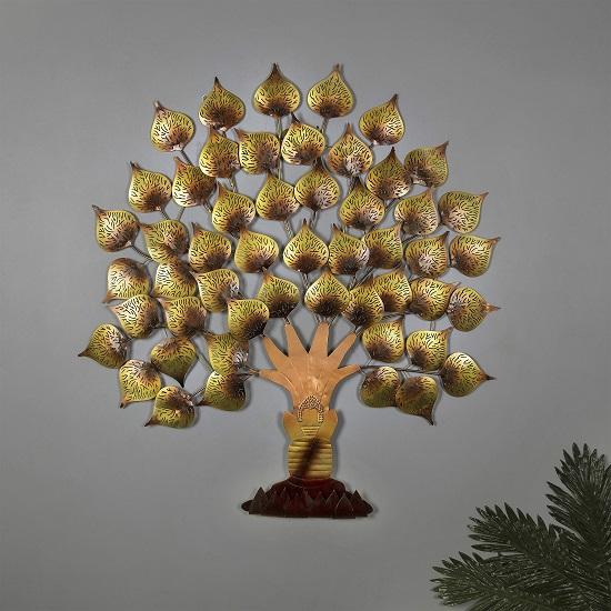 Металлическое золотое дерево ручной работы, настенный художественный декор, акцентная скульптура с Буддой, сидящим на дереве