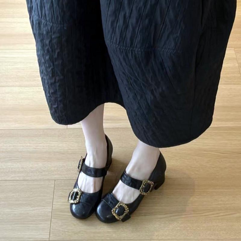 Fashion Chunky High Heel Mary Jane Shoes Women Luxury Metal Belt Buckle Design Black Loafers for Women Round Toe Leather PU Lolita Shoes