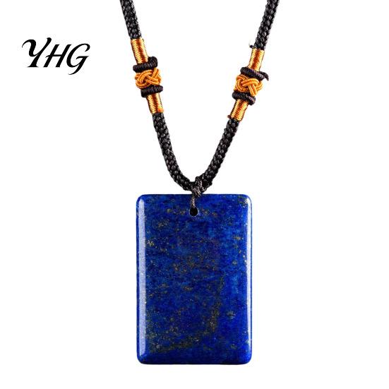 Rectangle Faux Gemstone Necklace Natural Crystal Pendant Necklace, Healing Energy Stone with Adjustable Adults Braided Rope, Polished Fake Jewelry for