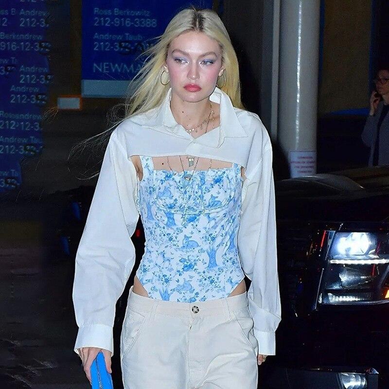 Женская кофта-накидка 2023 года с лацканами, свободная блузка с неровным подолом, укороченный топ, воротник, на пуговицах, с длинным рукавом, рубашка-туника, защитные от солнца топы