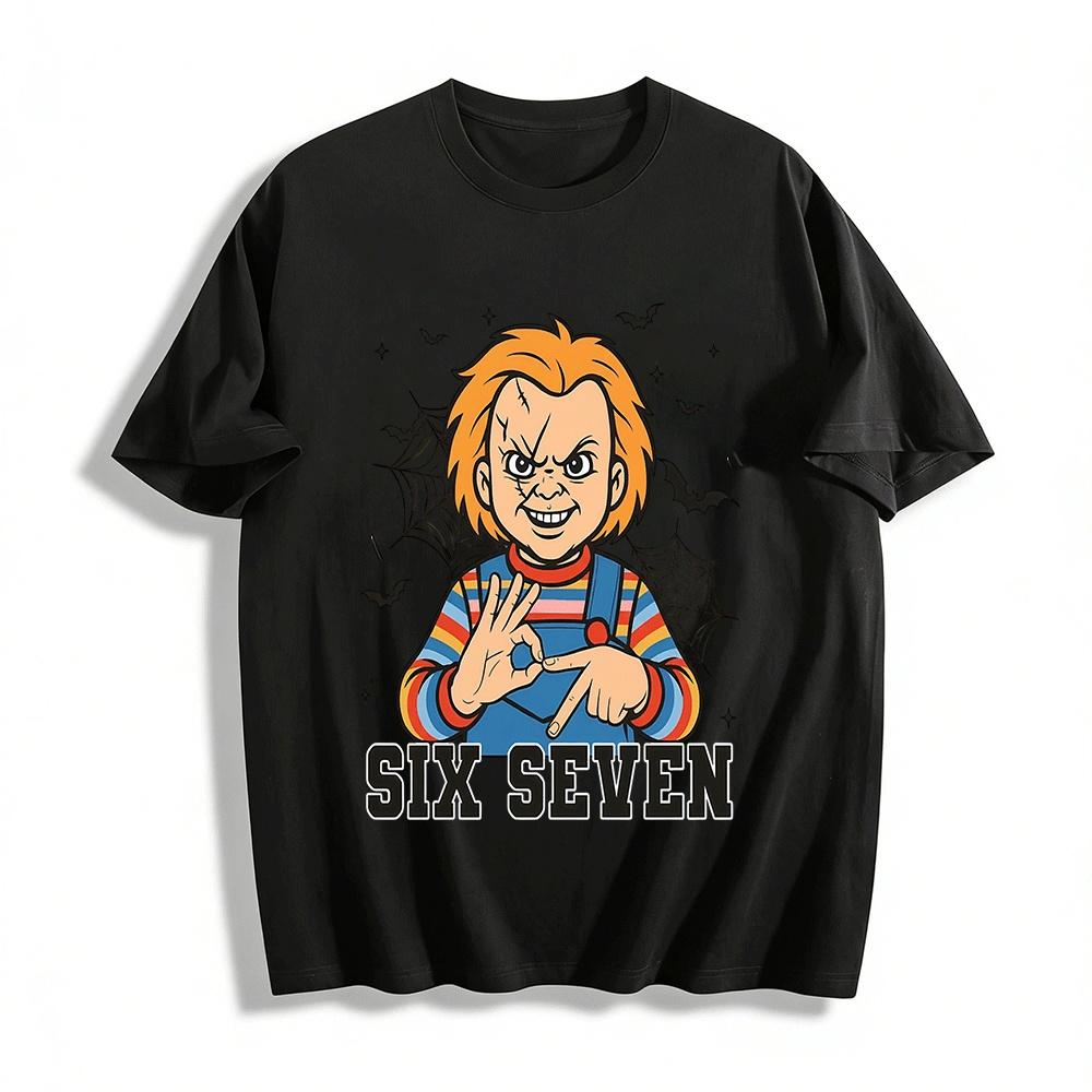 Хоррор Chucky Тематический Топ с Принтом Жеста Шесть Семь Чистый Хлопок Футболка