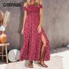 Летнее платье больших размеров, повседневное богемное платье без бретелек с разрезом на шее, длинное платье с цветочным принтом