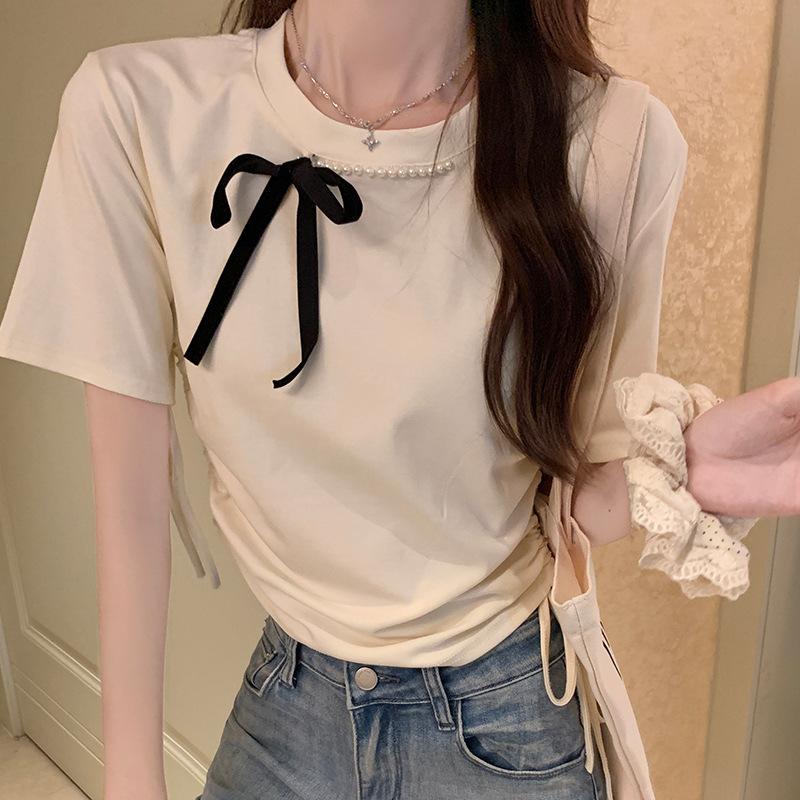Футболка с короткими рукавами и прямыми плечами, украшенная бисером и бантом, для женщин, новый плиссированный облегающий топ с завышенной талией