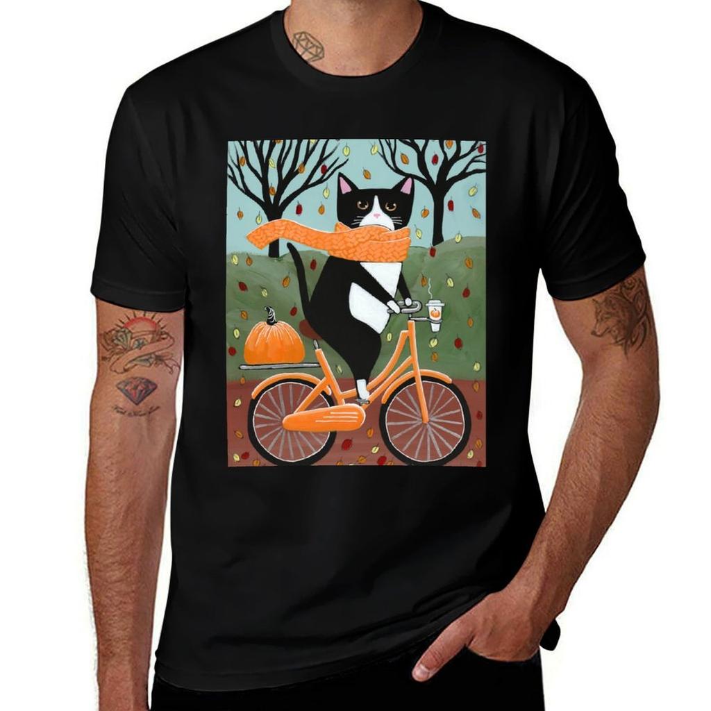Autumn Bicycle Ride Tuxedo Cat T-Shirt T Shirt Man Plain Men T Shirt Cotton 100% T Shirt Man Casual T-Shirt