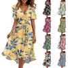 Women's Loose Casual V-Neck Flared Skirt Short Sleeved Printed Dress Printed Dress