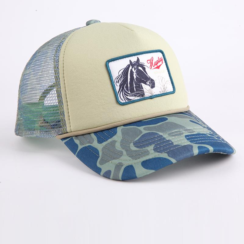 Trucker Hats With Logo Embroidery Printing 5 Panel Camo Trucker Cap Pre-curved Brim Print Mesh Hat