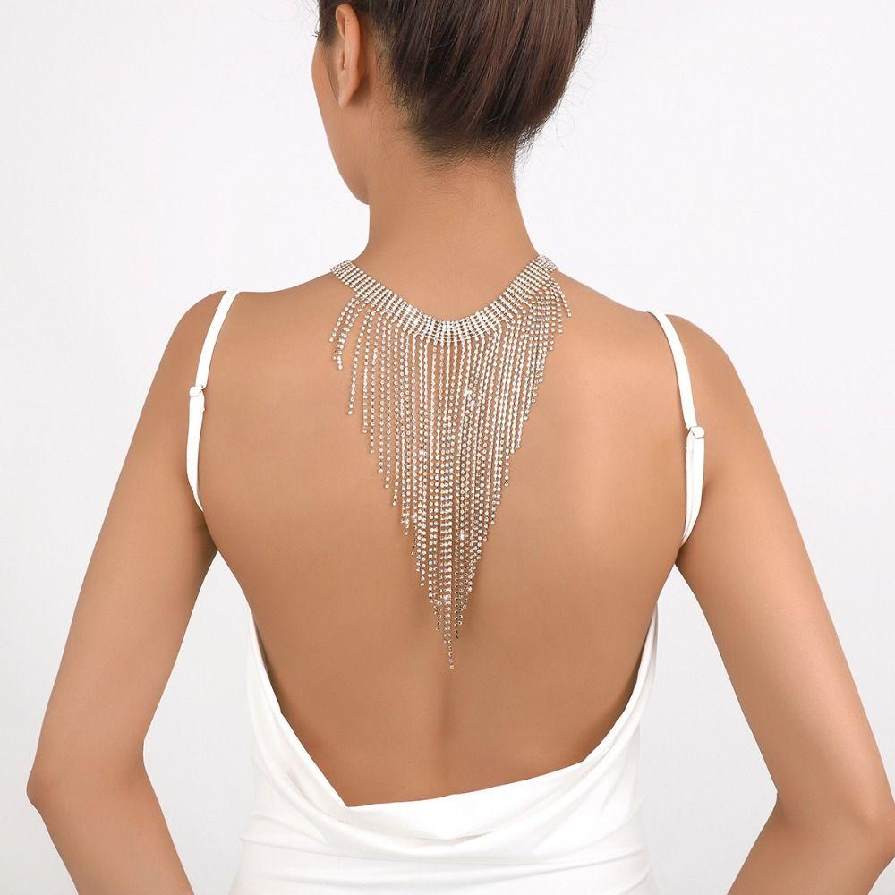 Sparkling Long Tassel Necklace Geometric Clavicle Chain Sweet Full Rhinestone Necklace Wedding