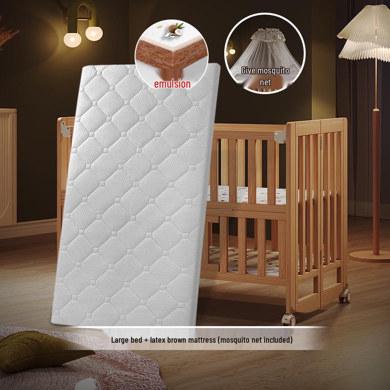 Movable Solid Wood Foldable Baby Crib, Unpainted, Multifunctional Newborn Bed