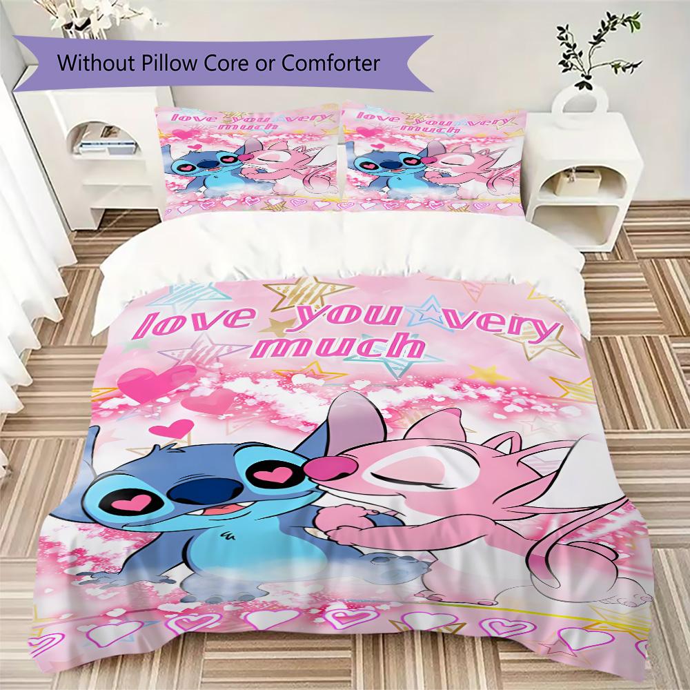 Stitch and Angel Purple Background Pink Heart Print Bedding Set 3pcs Duvet Cover Pillowcase Cartoon Bed Linens Bedroom Decor
