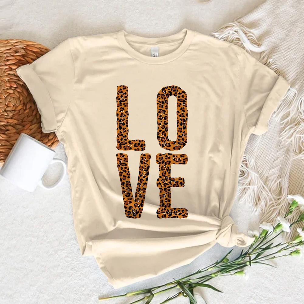 Leopard Print Love Top Women Funny Summer Girl Designer Clothes Summer Casual Short Sleeves Tops Kawaii Women Tshirt Streetwear