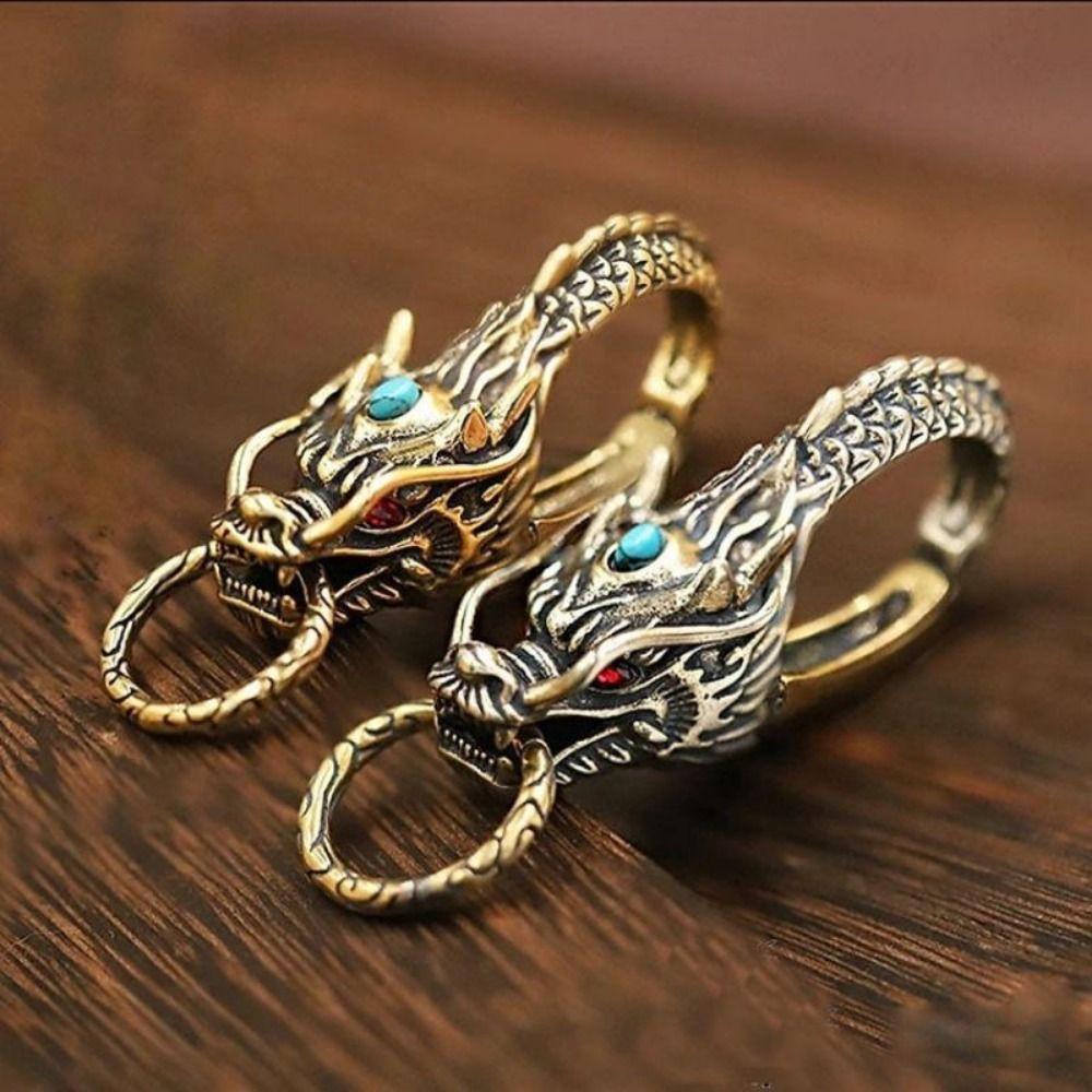 Rhinestone Inlay Dragon Head Key Chains Vintage Key Ring Pendant Copper Dragon Ornaments Office