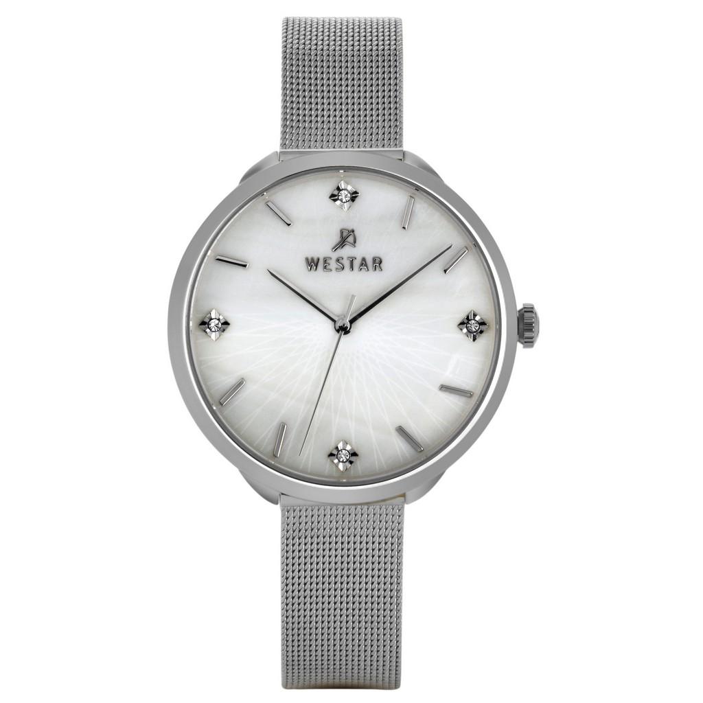 Westar Zing Crystal Accents Нержавеющая сталь Сетка Белый перламутровый циферблат Кварцевые женские часы 00128STN11