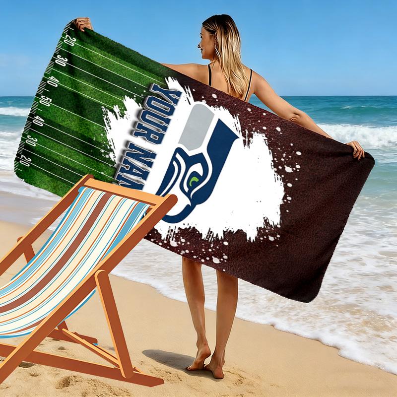 Name Custom Seattle Seahawks Logo Print Beach Towel, Large Soft Quick Dry Towel for Beach Camping Swimming