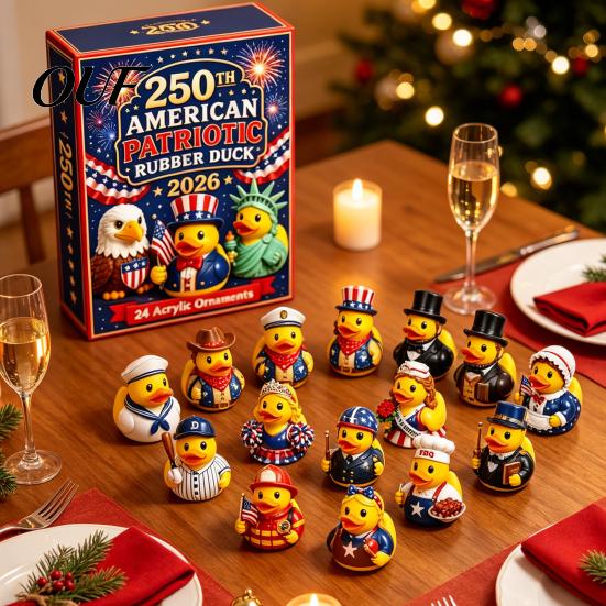 Kids Christmas Countdown Toys 2026 USA 250th Anniversary Rubber Duck Advent Calendar, 24-Day Patriotic Acrylic Surprise Gift Boxes Collection Box, 2D