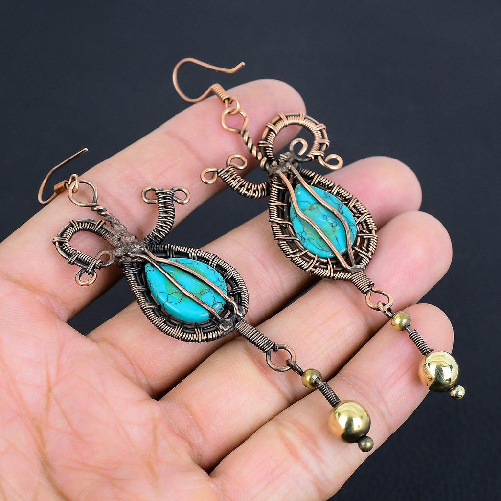 Серьги с тибетской бирюзой, ювелирные изделия из драгоценных камней, серьги ручной работы, обернутые медной проволокой 999 пробы, ювелирные изделия новейшего дизайна