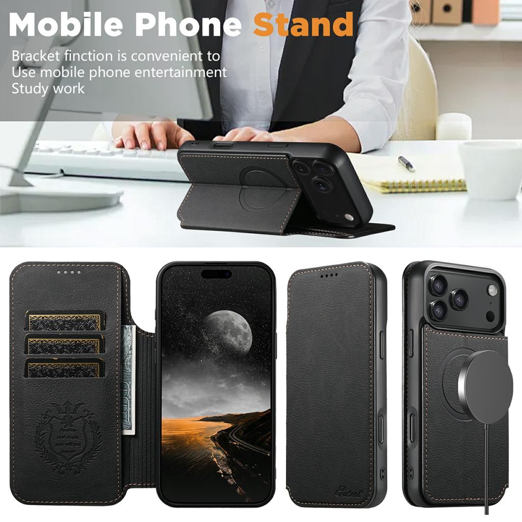 SUTENI J06 For iPhone 17 Pro Case Litchi Texture Leather Wallet Phone Shell Compatible with MagSafe