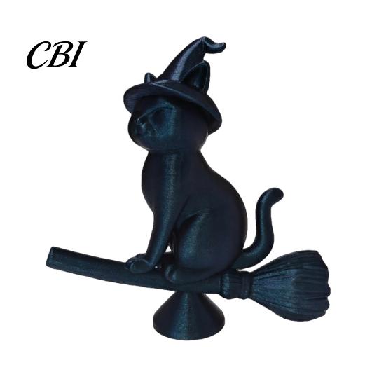 Exquisite Cat Collectible Witch Figurine, Black Riding Broom Statue, 3D Printed Ornament Ornament, Desktop Decoration for Home Office Decor Mysterious