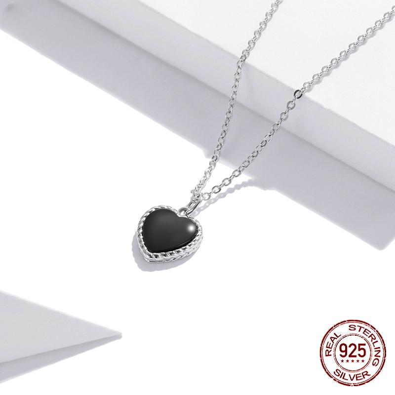 Real 925 Sterling Silver Black Heart Love Pendant Vintage Necklace Women Statement Collares Jewelry Gift Noble