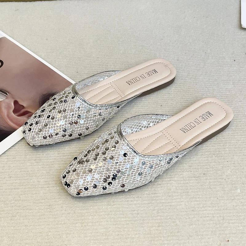2026 new summer fashion luxury flat heel party shoes flat slip-on casual comfortable ladies diamond slippers