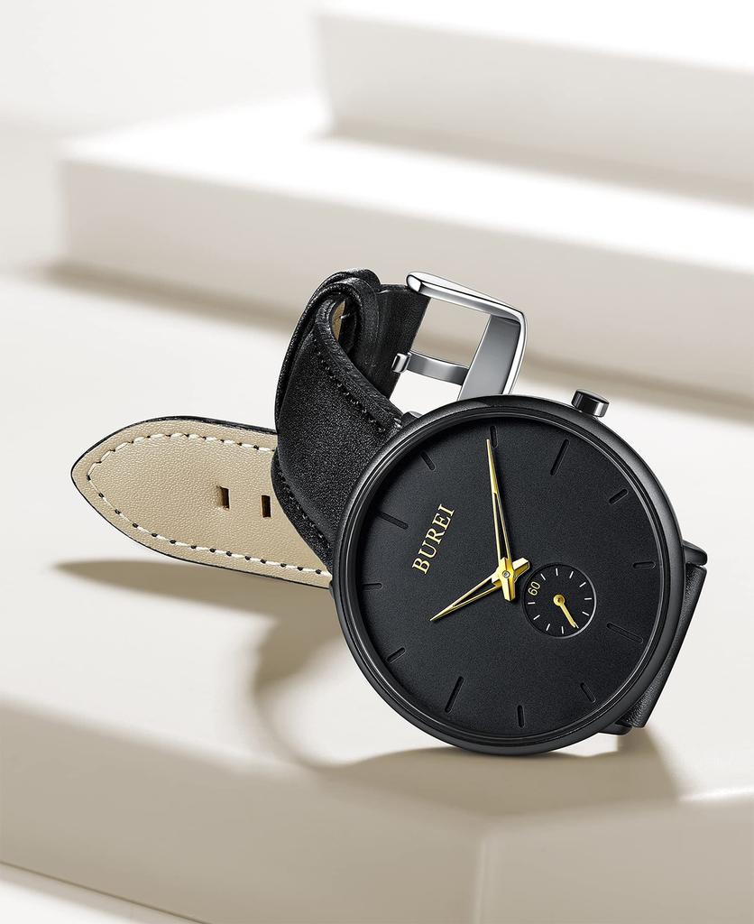 BUREI Men's Black Watch, Simple, Stylish, Popular, Waterproof, Designer Watch (Black-Gold, Leather)