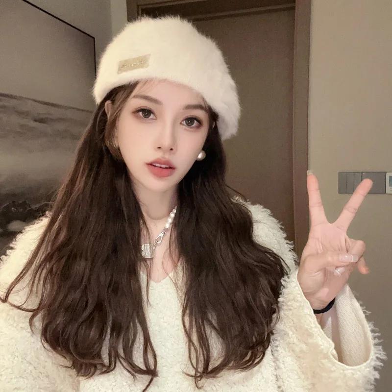 Модная женская шапка-берет осень-зима с двусторонним дизайном и мехом кролика