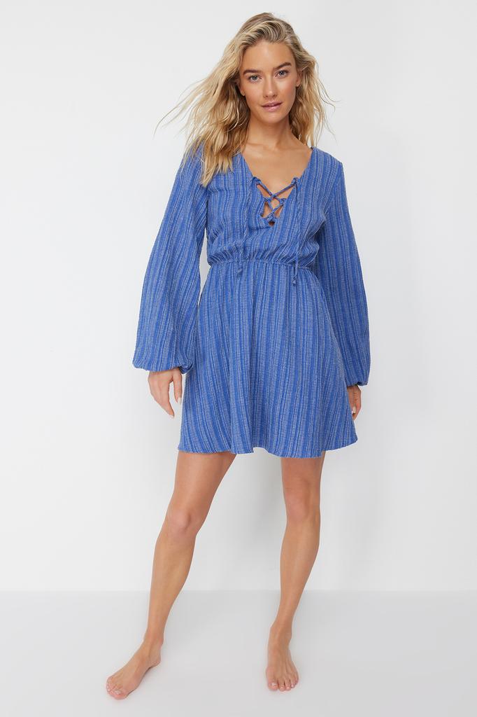 Women's Fashion New Dress Black Mini Woven Tie-Up Linen Blend Beach Dress