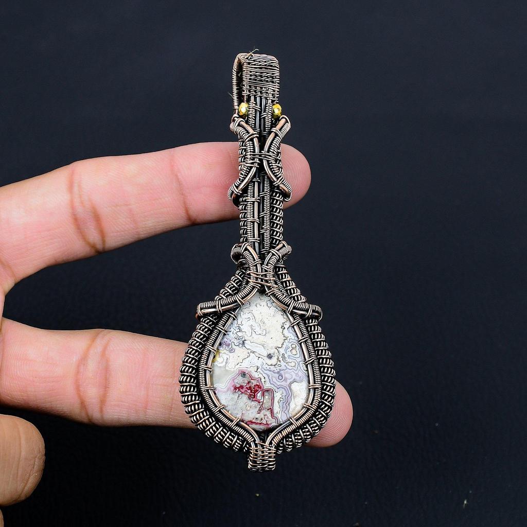 Сумасшедший кружевной агат, драгоценный камень, чистая медная проволока, обернутая подвеской ручной работы, ювелирные изделия