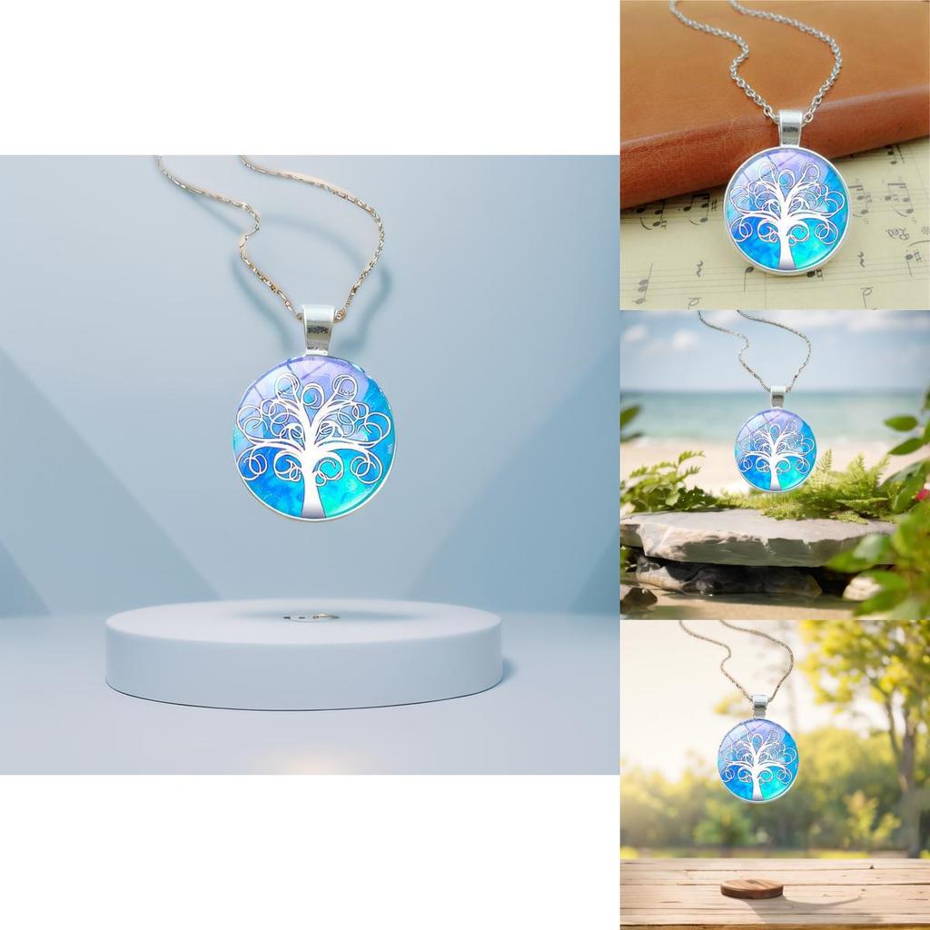 Элегантное ожерелье-подвеска с узором дерева цвета винтажного серебра с классическим стеклянным кабошоном
