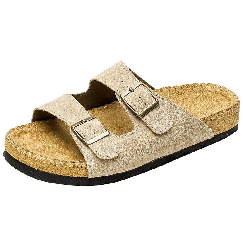 Модные шлепанцы из натуральной кожи и пробки, женская обувь, летние сандалии из коровьей замши с двумя пряжками, женские пляжные тапочки, женские шлепанцы