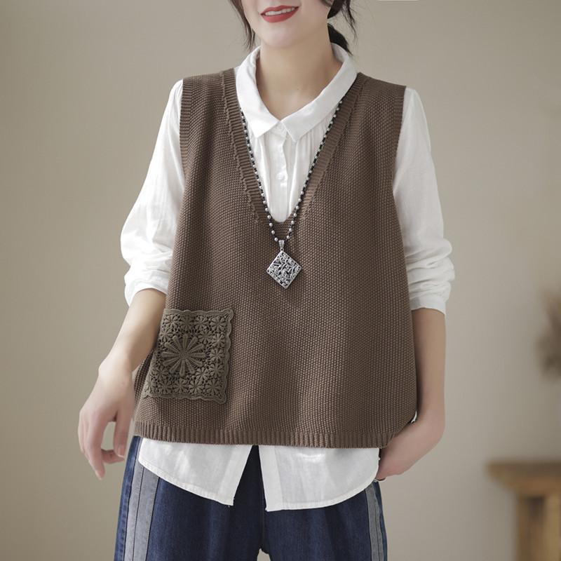 Knitted Vest for Women Spring and Autumn V-neck Thread Knitted Vest Loose Vest for Women Korean Lace Hook and Flower Pullover Casual Layering Camisole