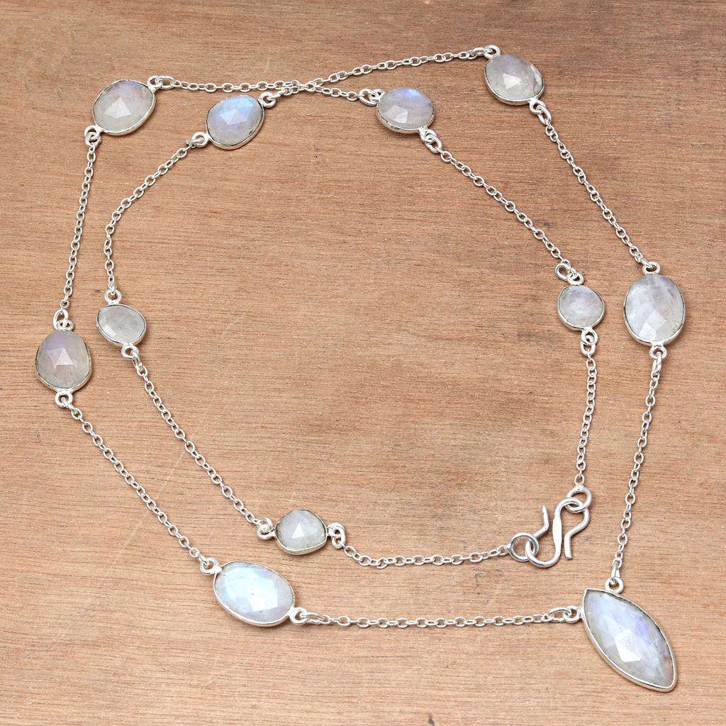 Ожерелье Лунный камень Feceted Gemstone Handmade Antique Silver Jewelry 35''