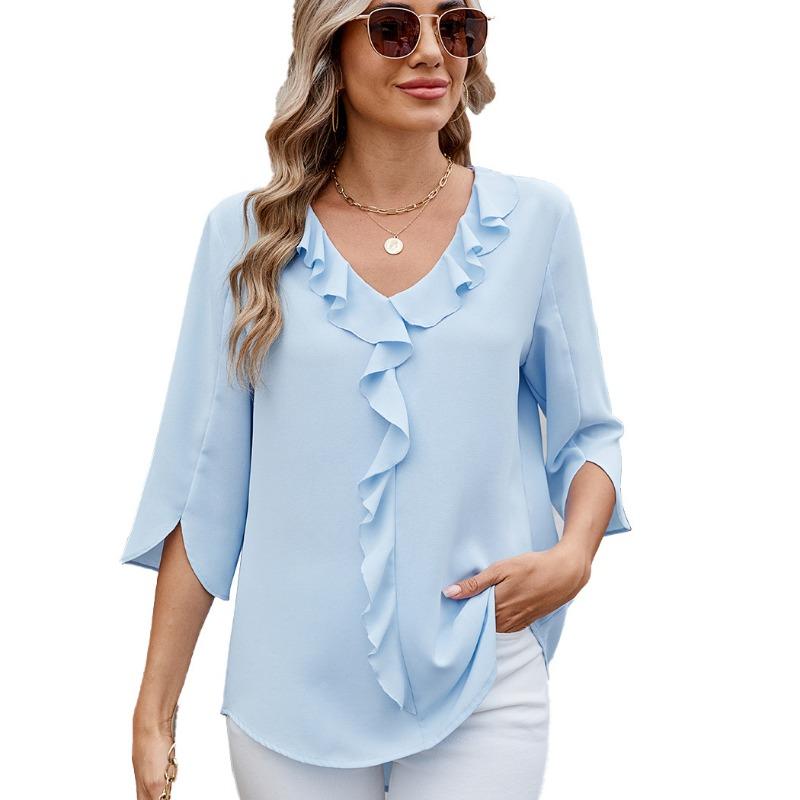 Women's Spring and Summer New Solid Colour V-neck Ruffled Loose Mid-sleeved Chiffon Shirt Shirt
