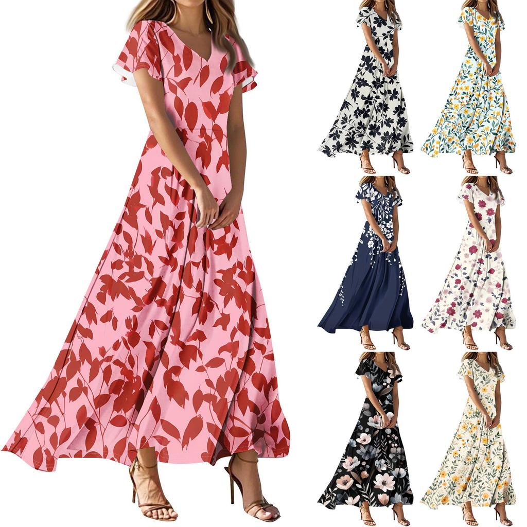 Women's Casual Fashion Print Long Dresses V-Neck Short Sleeve Dresses