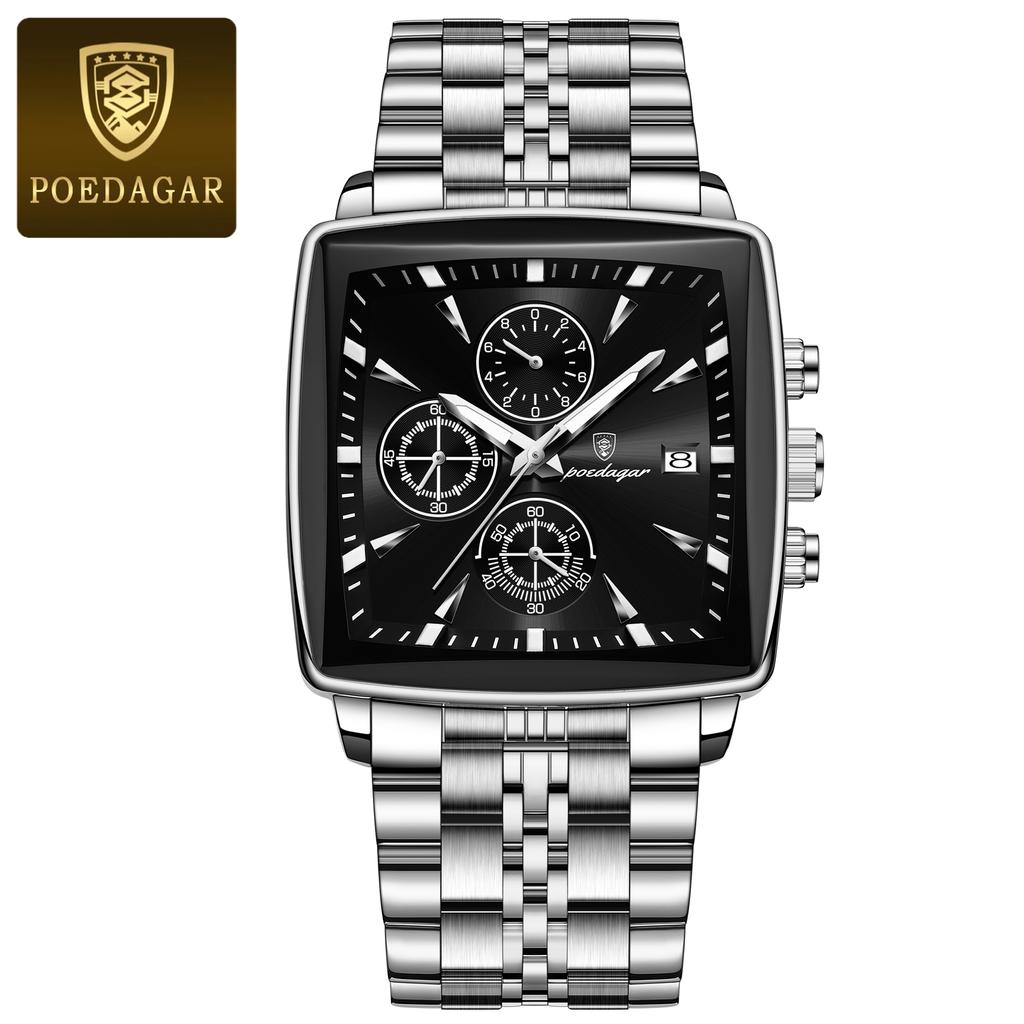 POEDAGAR Luxury Business Man Wristwatch Chronograph Waterproof Luminous Calendar Watch For Men Square Quartz Men's Watches