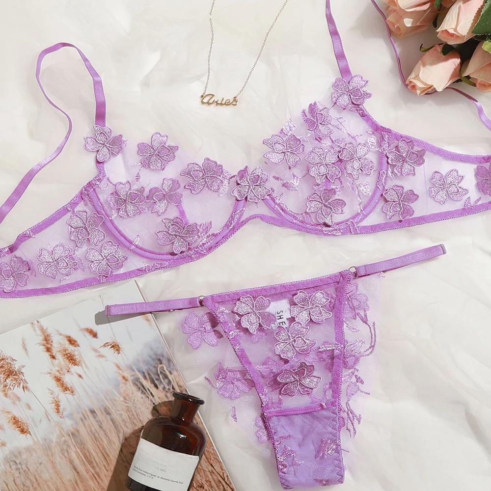 Женские сексуальные сетчатые костюмы с цветочной вышивкой и бюстгальтерами-аппликациями