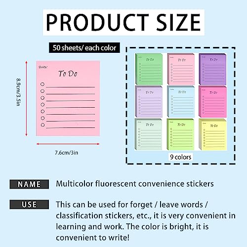 9 Packs Sticky Notes 3 x 3.5 Inches Lined Notepad 450 Sheets Assorted Colors Self Stick Notes for Planner Office School Supplies