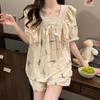 New Korean Version of Short-sleeved Pajamas for Women 2024 Summer Sweet Bubble Student Home Clothing Set
