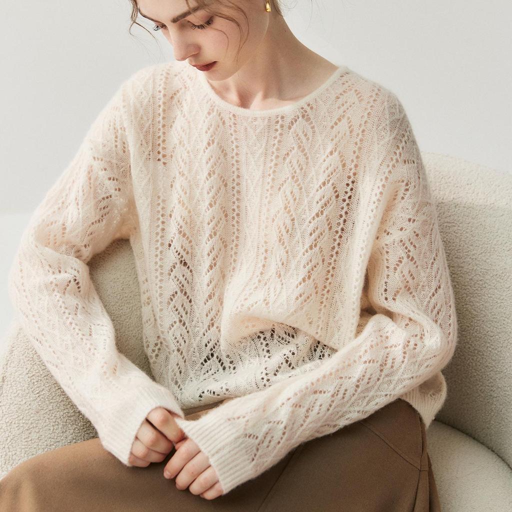 Loose Velvet Cashmere Sweater: 2025 Autumn/Winter Round Neck Hollow Knit Women's Cardigan