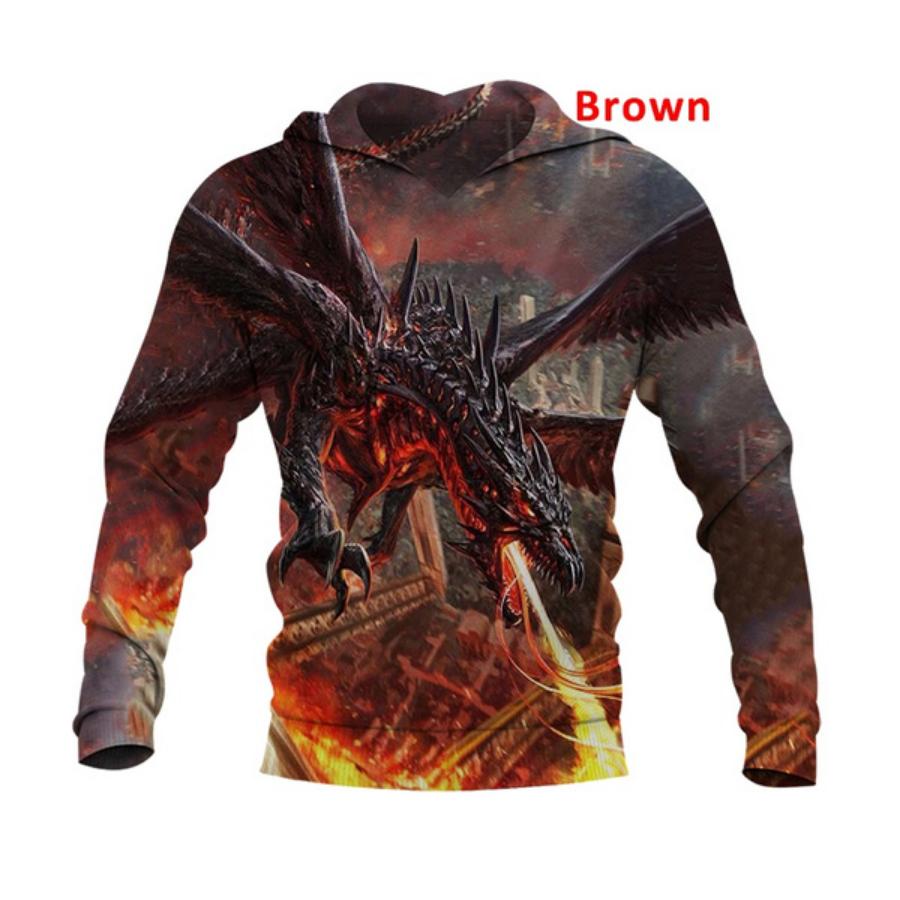 2021 Autumn and Winter Men's Fashion Casual Sweatshirt 3D Printing Dragon Hoodie Fire Dragon Skull Cap Pocket Pullover Sweater XS-5XL